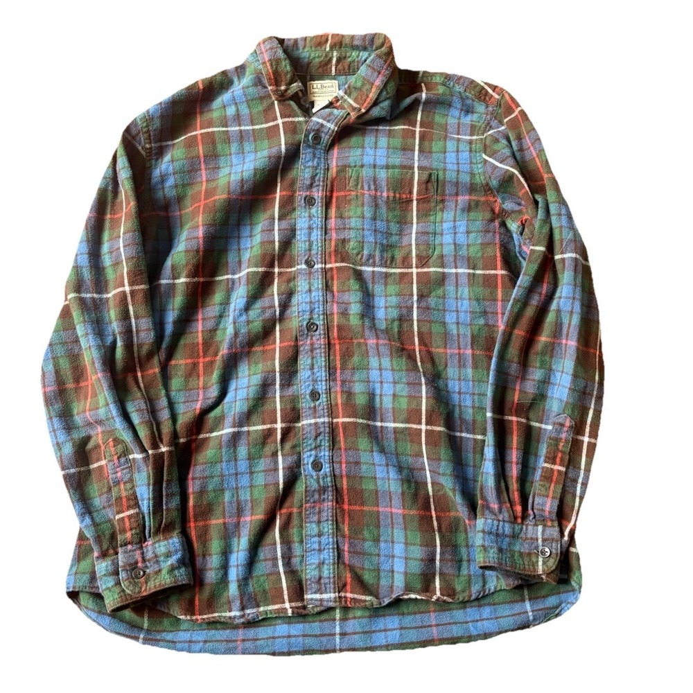 LL Bean Flannel Shirt Mens XL Blue Green Red Plaid Button Up Slightly Fitted